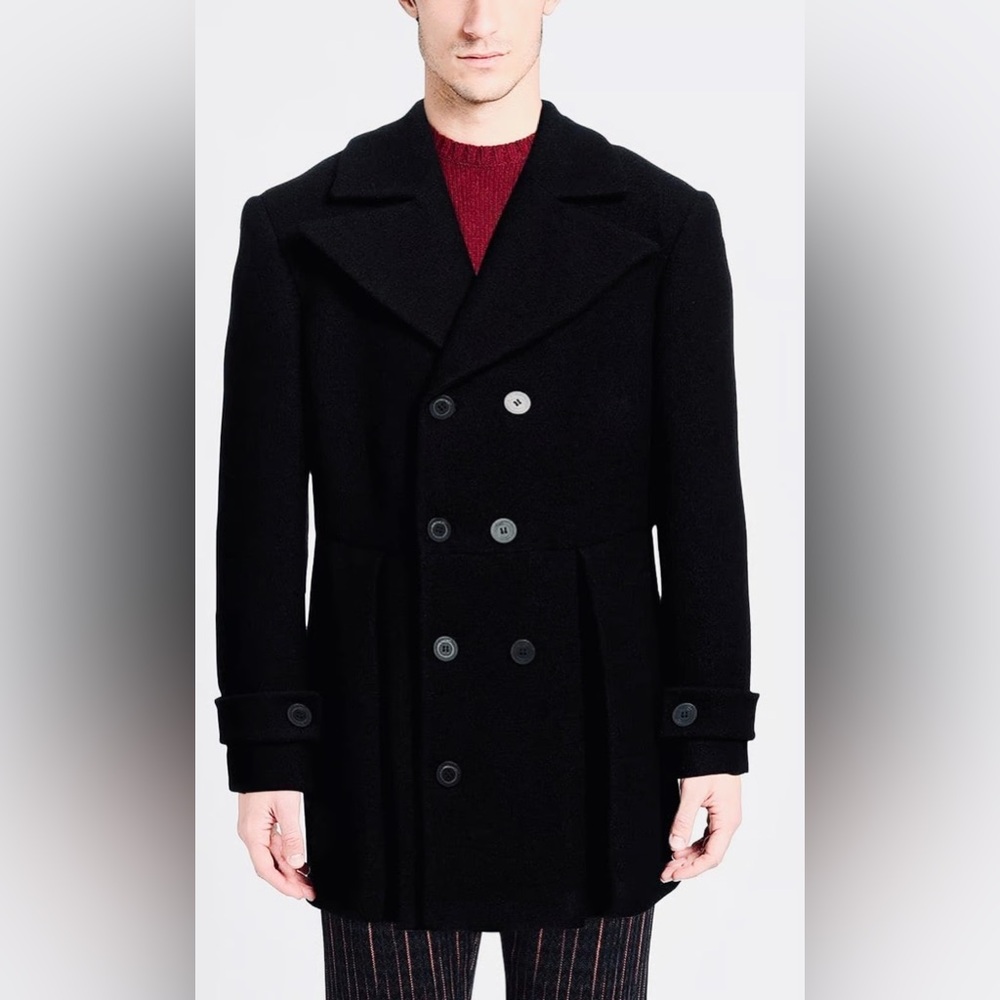 Trussardi Black Double-Breasted Pleated Boucle Wool Coat Size 48 US Medium